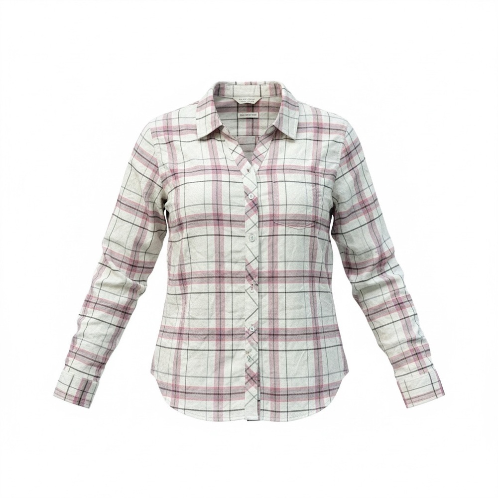 Weatherproof Vintage Cream Pink Gray Plaid Flannel Long Sleeve Shirt Size S